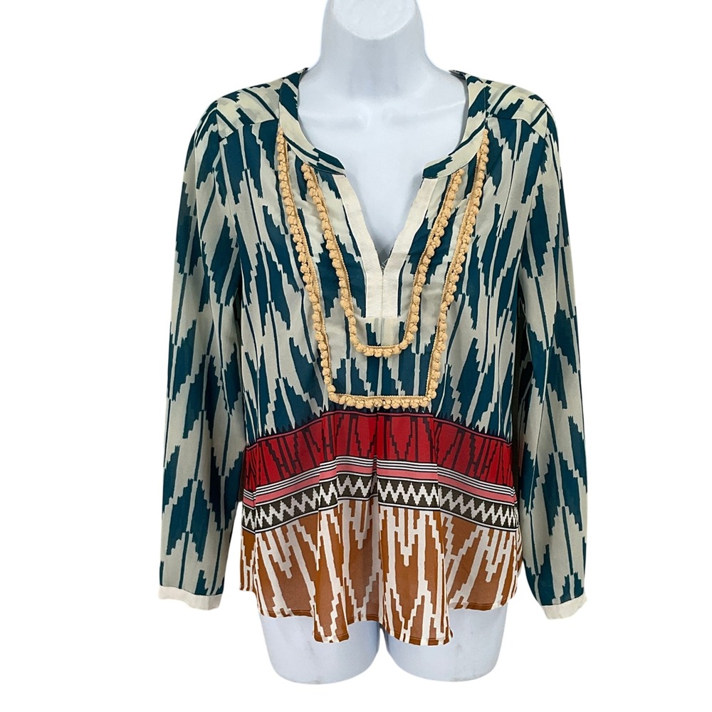 Maeve Blouse Women 0 Anthropologie Teal Boho Western Festival Ikat Pom Trim